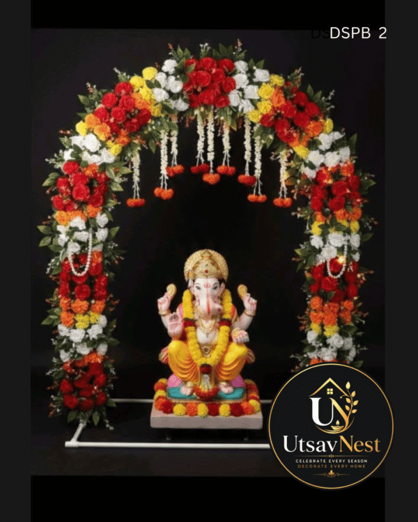 Traditional multicolor floral ganpati decoration arch with hanging marigold tassels dspb 2