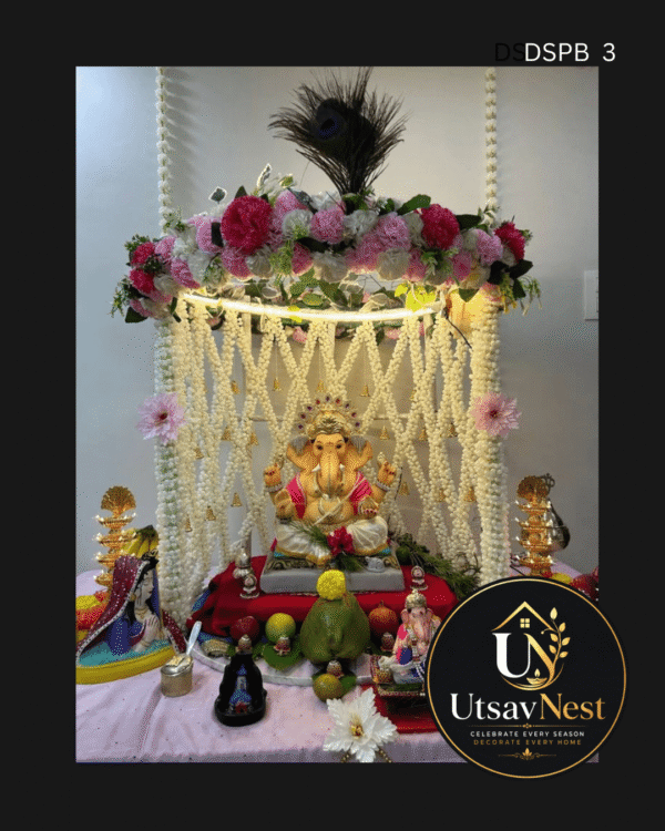 Premium floral ring ganpati decoration with jasmine garlands peacock feather dspb 3