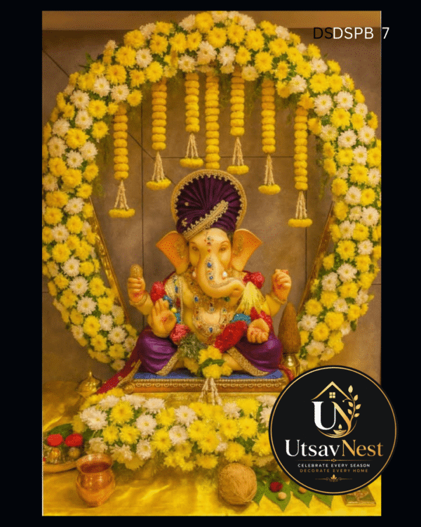 Traditional Yellow & White Floral Ganpati Decoration Ring with Marigold Hangings (DSPB 7)