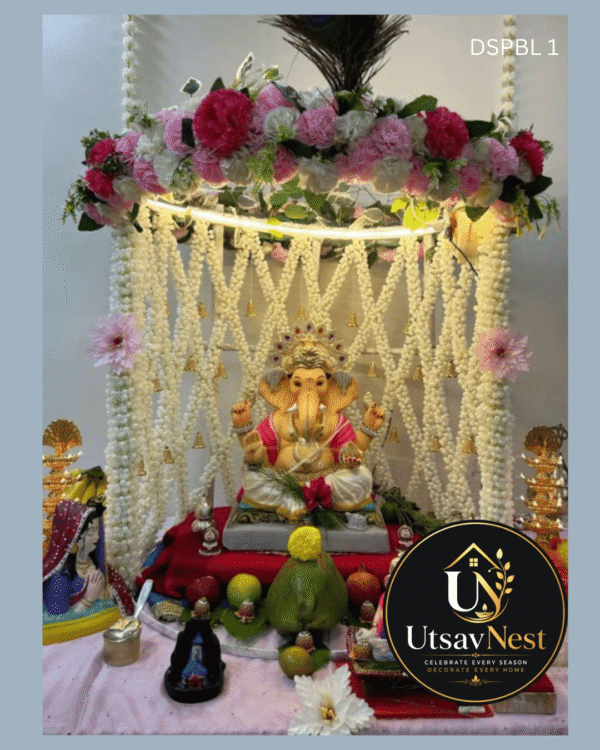 Premium pink floral hanging ring ganpati decoration with jasmine garlands dspbl 1
