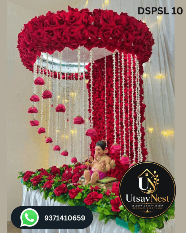 Royal red rose floral ring ganpati decoration with hanging rose strings dspsl 10