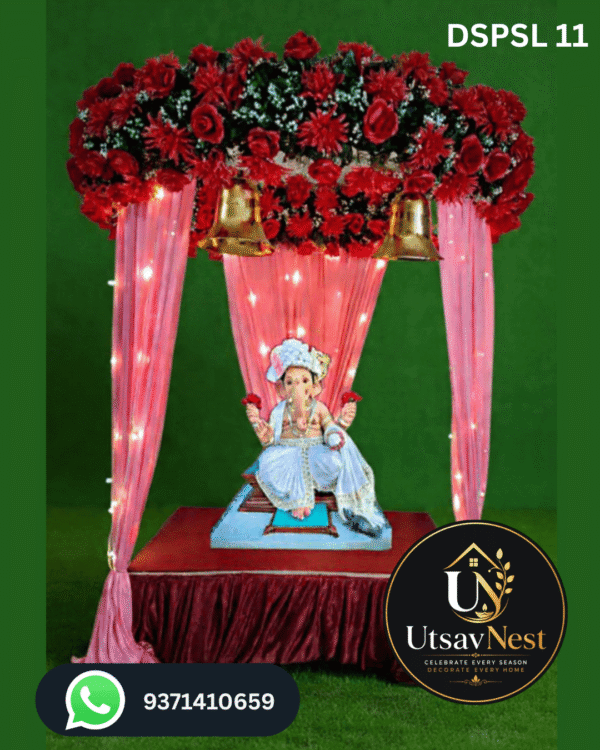 Premium red floral ganpati decoration frame with pink drapes temple bells dspsl 11