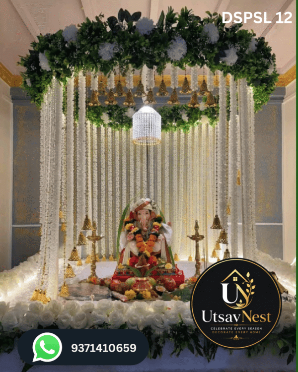 Luxury white floral bell canopy ganpati decoration with crystal hanging light dspsl 12