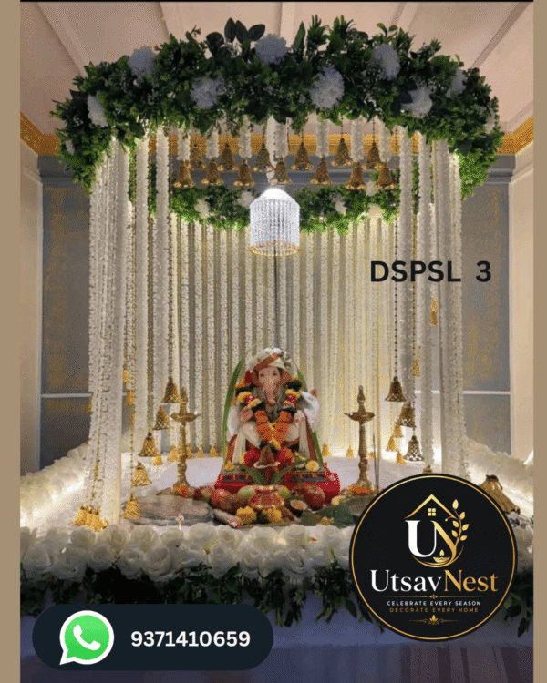 Luxury white floral hanging bell ganpati decoration canopy with crystal chandelier dspsl 3