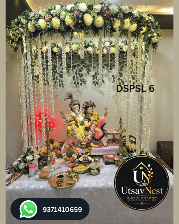 Premium white rose hanging floral ganpati decoration canopy with led lights dspsl 6