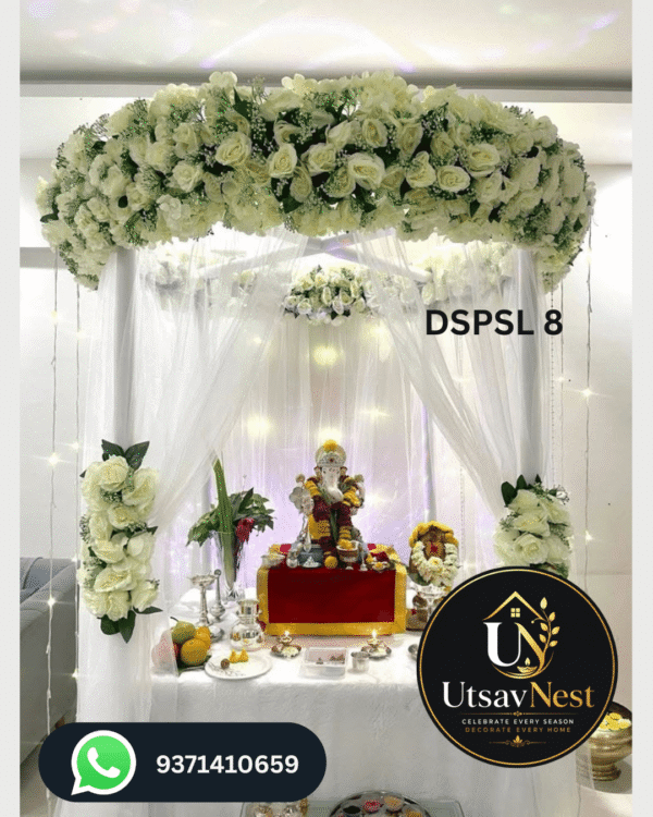 Premium white rose floral arch ganpati decoration backdrop with sheer curtains dspsl 8