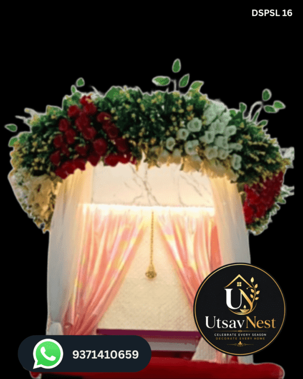 Premium red white floral ring ganpati decoration setup with hanging garlands dspsl 16