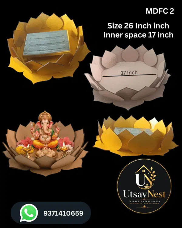 Premium Golden MDF Lotus Ganpati Decoration Base | Lotus Decoration for Ganpati Home Decor (MDFC 2)